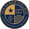 Texas Bar College emblem with a star, scales of justice, an open book, and striped chevrons surrounding the text 'Texas Bar College, A Professional Society of Legal Educators.'