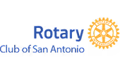 Rotary Club of San Antonio logo with blue text and an orange gearwheel emblem.