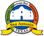 Seal of the Mexican American Bar Association of San Antonio, Texas, featuring a blue building silhouette and a yellow banner.